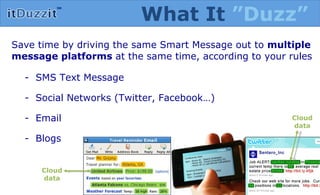 Save time by driving the same Smart Message out to  multiple message platforms  at the same time, according to your rules -  SMS Text Message -  Social Networks (Twitter, Facebook…) -  Email -  Blogs Cloud data Cloud data What It  ”Duzz” 