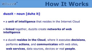 duzzit - noun [duhz it]  •  a  unit of intelligence  that resides in the Internet Cloud •  linked  together, duzzits create  networks of web intelligence  •  a duzzit  resides in the Cloud , where it executes  decisions ,  performs  actions , and  communicates  with web sites,  web services , data sources, devices or real  people .   How It Works 