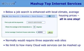 Mashup Top Internet Services •  Below a job search is enhanced with local climate, average housing prices –  all in one step! •  Normally would  require three separate web sites •  No limit to how many Cloud web services can be mashed up 