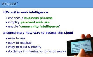 itDuzzit is web intelligence  •  enhance a  business process •  simplify  personal web use •  enable “ community intelligence ” a completely new way to access the Cloud •  easy to use •  easy to mashup  •  easy to build & modify •  do things in minutes vs. days or weeks 