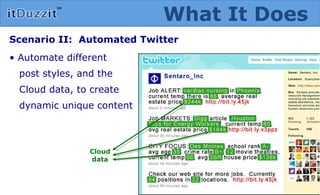 Scenario II:  Automated Twitter •  Automate different post styles, and the  Cloud data, to create  dynamic unique content  Cloud data What It Does 