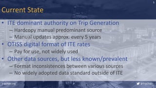 Current State
• ITE dominant authority on Trip Generation
– Hardcopy manual predominant source
– Manual updates approx. every 5 years
• OTISS digital format of ITE rates
– Pay for use, not widely used
• Other data sources, but less known/prevalent
– Format inconsistences between various sources
– No widely adopted data standard outside of ITE
tripchain.org @TripChain
5
 