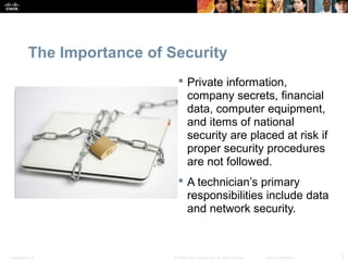 The Importance of Security 
 Private information, 
company secrets, financial 
data, computer equipment, 
and items of national 
security are placed at risk if 
proper security procedures 
are not followed. 
 A technician’s primary 
responsibilities include data 
and network security. 
Presentation_ID © 2008 Cisco Systems, Inc. All rights reserved. Cisco Confidential 3 
 
