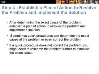 Step 4 - Establish a Plan of Action to Resolve 
the Problem and Implement the Solution 
• After determining the exact cause of the problem, 
establish a plan of action to resolve the problem and 
implement a solution. 
 Sometimes quick procedures can determine the exact 
cause of the problem or even correct the problem. 
 If a quick procedure does not correct the problem, you 
might need to research the problem further to establish 
the exact cause. 
Presentation_ID © 2008 Cisco Systems, Inc. All rights reserved. Cisco Confidential 39 
 