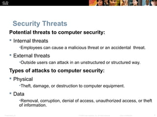 Security Threats 
Potential threats to computer security: 
 Internal threats 
•Employees can cause a malicious threat or an accidental threat. 
 External threats 
•Outside users can attack in an unstructured or structured way. 
Types of attacks to computer security: 
 Physical 
•Theft, damage, or destruction to computer equipment. 
 Data 
•Removal, corruption, denial of access, unauthorized access, or theft 
of information. 
Presentation_ID © 2008 Cisco Systems, Inc. All rights reserved. Cisco Confidential 4 
 