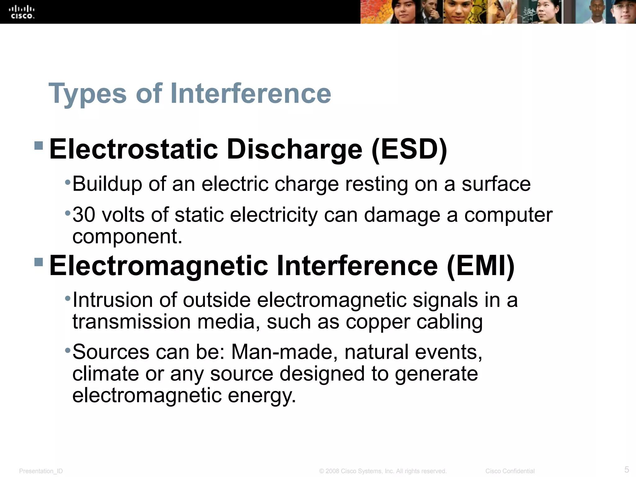 Types of Interference 
Electrostatic Discharge (ESD) 
•Buildup of an electric charge resting on a surface 
•30 volts of static electricity can damage a computer 
component. 
Electromagnetic Interference (EMI) 
•Intrusion of outside electromagnetic signals in a 
transmission media, such as copper cabling 
•Sources can be: Man-made, natural events, 
climate or any source designed to generate 
electromagnetic energy. 
Presentation_ID © 2008 Cisco Systems, Inc. All rights reserved. Cisco Confidential 5 
 