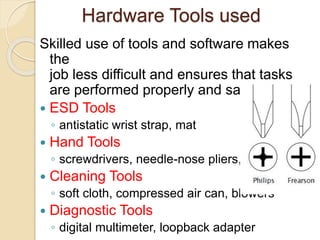 Hardware Tools used
Skilled use of tools and software makes
the
job less difficult and ensures that tasks
are performed properly and safely.
 ESD Tools
◦ antistatic wrist strap, mat
 Hand Tools
◦ screwdrivers, needle-nose pliers,
 Cleaning Tools
◦ soft cloth, compressed air can, blowers
 Diagnostic Tools
◦ digital multimeter, loopback adapter
 