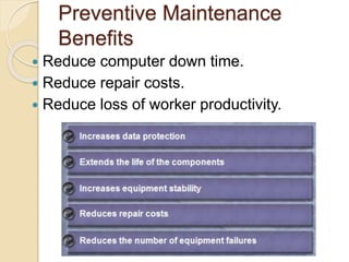 Preventive Maintenance
Benefits
 Reduce computer down time.
 Reduce repair costs.
 Reduce loss of worker productivity.
 