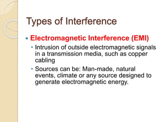 Types of Interference
 Electromagnetic Interference (EMI)
• Intrusion of outside electromagnetic signals
in a transmission media, such as copper
cabling
• Sources can be: Man-made, natural
events, climate or any source designed to
generate electromagnetic energy.
 