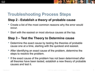 Presentation_ID 8© 2008 Cisco Systems, Inc. All rights reserved. Cisco Confidential
Troubleshooting Process Steps
Step 2 - Establish a theory of probable cause
 Create a list of the most common reasons why the error would
occur.
 Start with the easiest or most obvious causes at the top.
Step 3 – Test the Theory to Determine cause
 Determine the exact cause by testing the theories of probable
cause one at a time, starting with the quickest and easiest.
 After identifying an exact cause of the problem, determine the
steps to resolve the problem.
 If the exact cause of the problem has not been determined after
all theories have been tested, establish a new theory of probable
causes and test it.
 