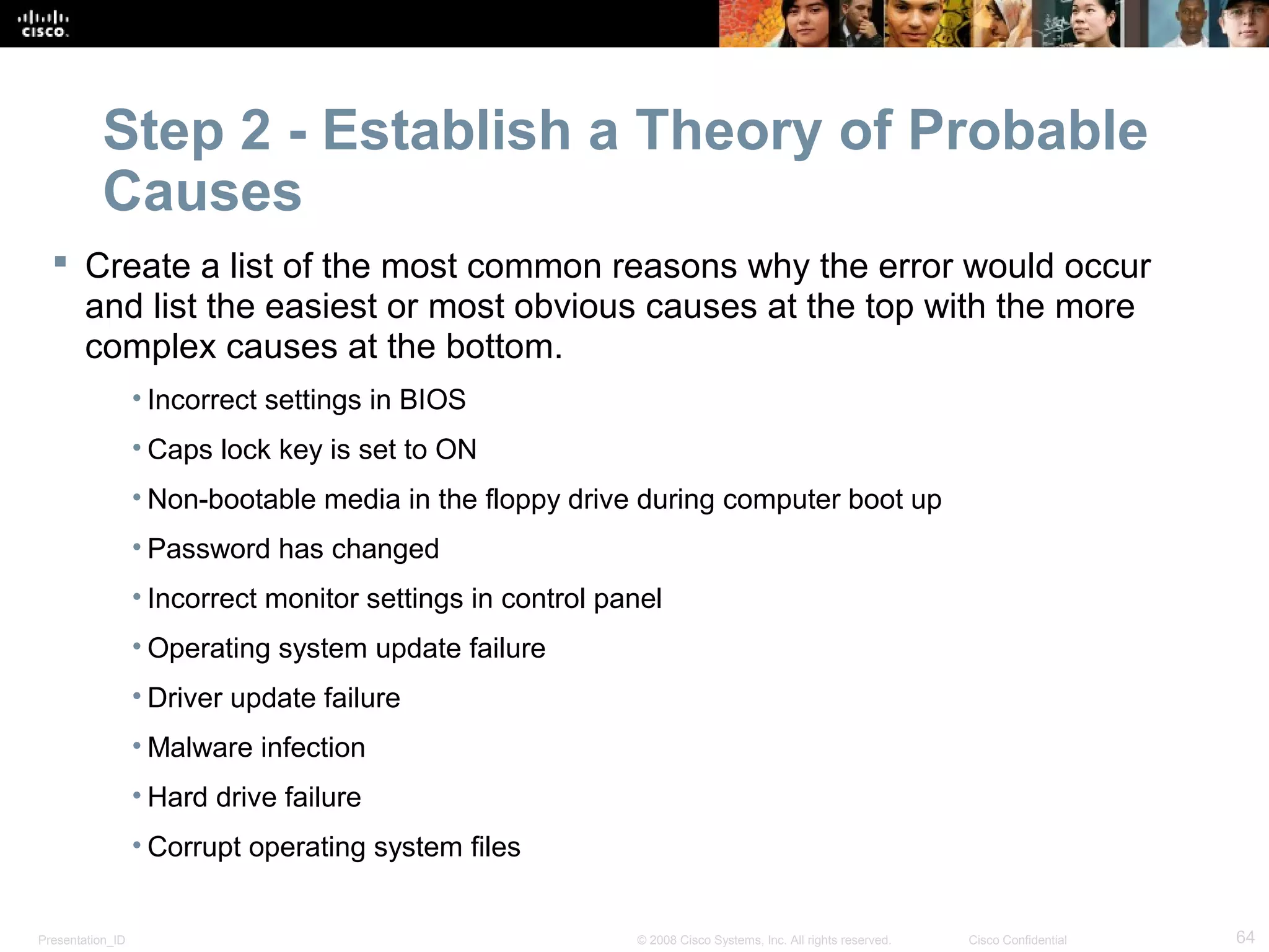 Presentation_ID 64© 2008 Cisco Systems, Inc. All rights reserved. Cisco Confidential
Step 2 - Establish a Theory of Probable
Causes
 Create a list of the most common reasons why the error would occur
and list the easiest or most obvious causes at the top with the more
complex causes at the bottom.
• Incorrect settings in BIOS
• Caps lock key is set to ON
• Non-bootable media in the floppy drive during computer boot up
• Password has changed
• Incorrect monitor settings in control panel
• Operating system update failure
• Driver update failure
• Malware infection
• Hard drive failure
• Corrupt operating system files
 