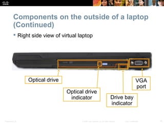 Components on the outside of a laptop 
(Continued) 
 Right side view of virtual laptop 
Optical drive 
Optical drive 
indicator 
VGA 
port 
Drive bay 
indicator 
Presentation_ID © 2008 Cisco Systems, Inc. All rights reserved. Cisco Confidential 10 
 