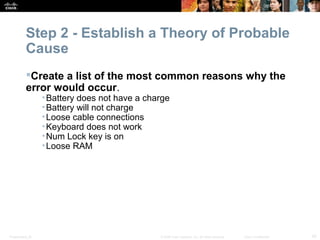 Step 2 - Establish a Theory of Probable 
Cause 
Create a list of the most common reasons why the 
error would occur. 
•Battery does not have a charge 
•Battery will not charge 
•Loose cable connections 
•Keyboard does not work 
•Num Lock key is on 
•Loose RAM 
Presentation_ID © 2008 Cisco Systems, Inc. All rights reserved. Cisco Confidential 42 
 