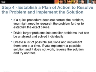 Step 4 - Establish a Plan of Action to Resolve 
the Problem and Implement the Solution 
 If a quick procedure does not correct the problem, 
you might need to research the problem further to 
establish the exact cause. 
 Divide larger problems into smaller problems that can 
be analyzed and solved individually. 
 Create a list of possible solutions and implement 
them one at a time. If you implement a possible 
solution and it does not work, reverse the solution 
and try another. 
Presentation_ID © 2008 Cisco Systems, Inc. All rights reserved. Cisco Confidential 44 
 