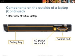 Components on the outside of a laptop 
(Continued) 
 Rear view of virtual laptop 
AC power 
connector 
Parallel port 
Battery bay 
Presentation_ID © 2008 Cisco Systems, Inc. All rights reserved. Cisco Confidential 7 
 