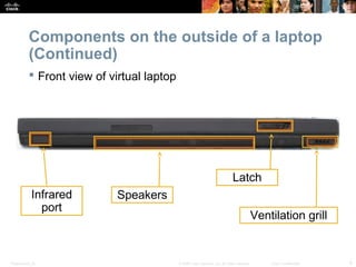 Components on the outside of a laptop 
(Continued) 
 Front view of virtual laptop 
Infrared 
port 
Speakers 
Latch 
Ventilation grill 
Presentation_ID © 2008 Cisco Systems, Inc. All rights reserved. Cisco Confidential 9 
 