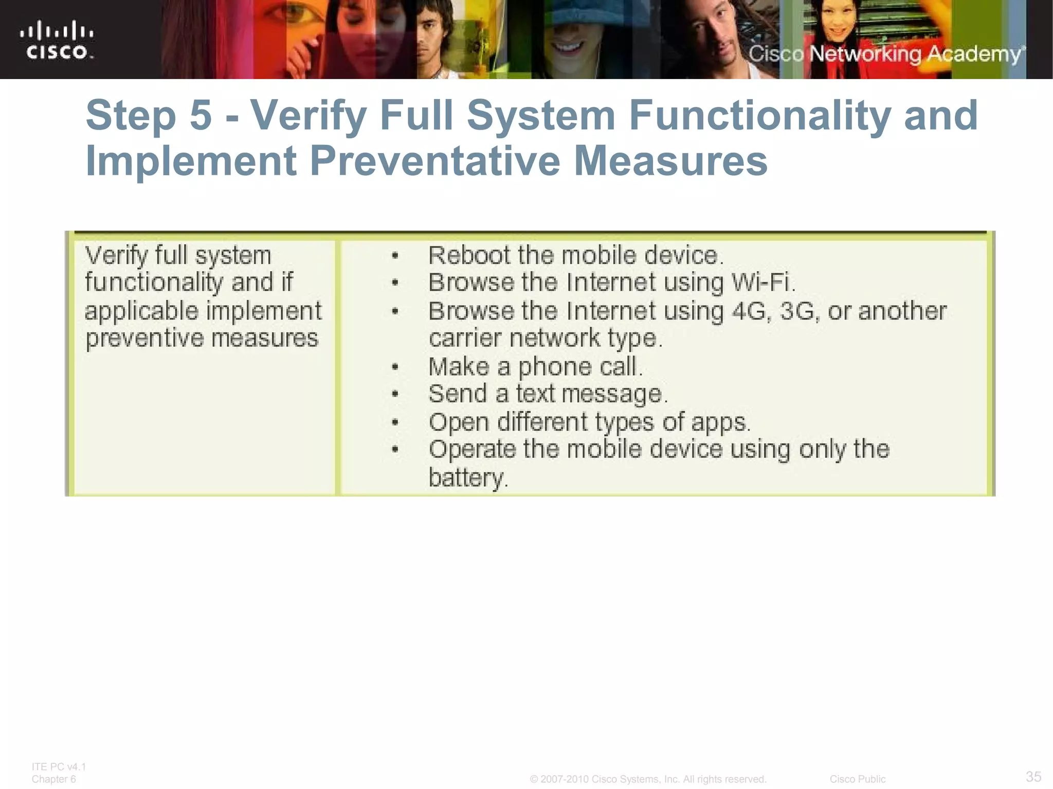 Step 5 - Verify Full System Functionality and 
Implement Preventative Measures 
ITE PC v4.1 
Chapter 6 © 2007-2010 Cisco Systems, Inc. All rights reserved. Cisco Public 35 
 