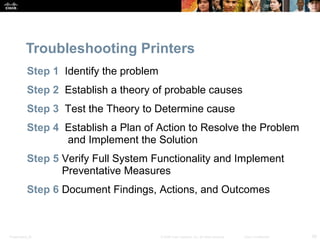 Troubleshooting Printers 
Step 1 Identify the problem 
Step 2 Establish a theory of probable causes 
Step 3 Test the Theory to Determine cause 
Step 4 Establish a Plan of Action to Resolve the Problem 
and Implement the Solution 
Step 5 Verify Full System Functionality and Implement 
Preventative Measures 
Step 6 Document Findings, Actions, and Outcomes 
Presentation_ID © 2008 Cisco Systems, Inc. All rights reserved. Cisco Confidential 28 
 