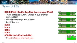 Types of RAM
 DDR-SDRAM (Double Data Rate Synchronous DRAM)
• Twice as fast as SDRAM (if used in dual channel
configuration)
• Will not interchange with SDRAM
• 64 bit data bus
 DDR2
 DDR3
 DDR4
 DDR5
 SODIMM (Small Outline DIMM)
• Found in laptops and notebooks
15
ITE v7.0
 