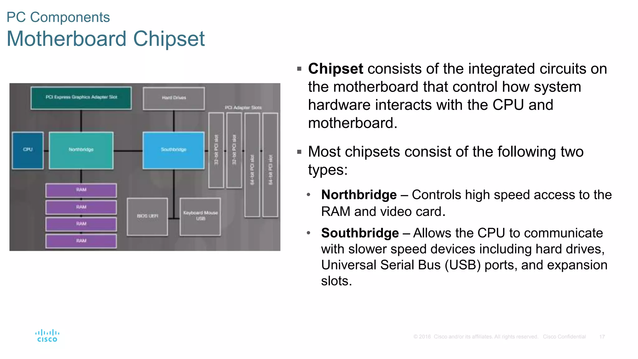 17
© 2016 Cisco and/or its affiliates. All rights reserved. Cisco Confidential
PC Components
Motherboard Chipset
 Chipset consists of the integrated circuits on
the motherboard that control how system
hardware interacts with the CPU and
motherboard.
 Most chipsets consist of the following two
types:
• Northbridge – Controls high speed access to the
RAM and video card.
• Southbridge – Allows the CPU to communicate
with slower speed devices including hard drives,
Universal Serial Bus (USB) ports, and expansion
slots.
 