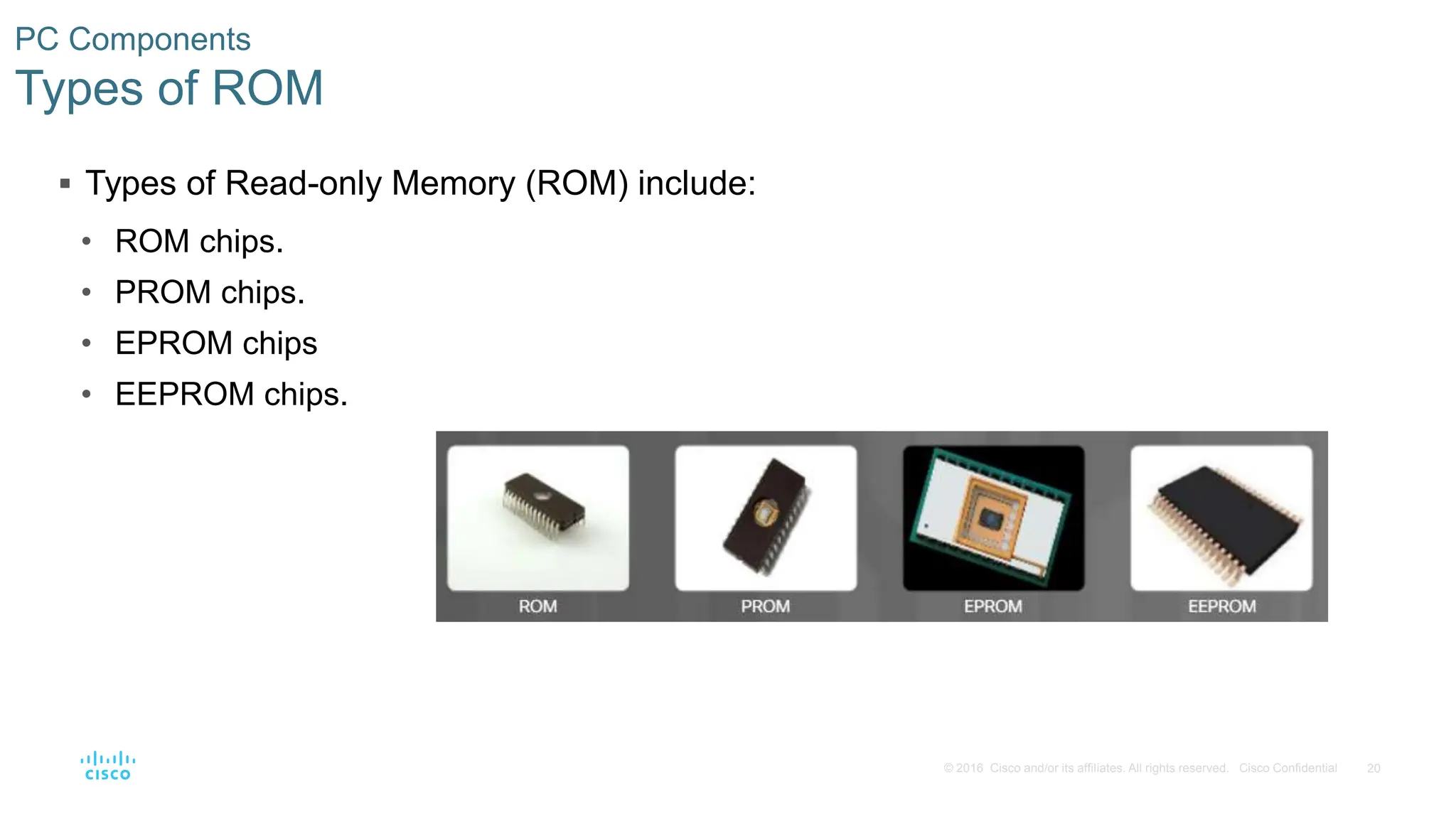 20
© 2016 Cisco and/or its affiliates. All rights reserved. Cisco Confidential
PC Components
Types of ROM
 Types of Read-only Memory (ROM) include:
• ROM chips.
• PROM chips.
• EPROM chips
• EEPROM chips.
 