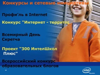 Конкурсы и сетевые инициативы Профи ’ ль в Internet Конкурс "Интернет - территория творчества"   Всемирный День  Скретча Проект "300  ИнтелШкол  Плюс"   Всероссийский конкурс образовательных блогов 