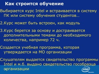 Как строится обучение  Выбирается курс Intel и встраивается в систему ПК или систему обучения студентов… Курс может быть встроен, как модуль Курс берется за основу и достраивается дополнительными темами до необходимого количества, например 72 ч. Создается учебная программа, которая утверждается на МО организации Слушателям выдается свидетельство программы Intel и м.б. выдано свидетельство гособразца организации 
