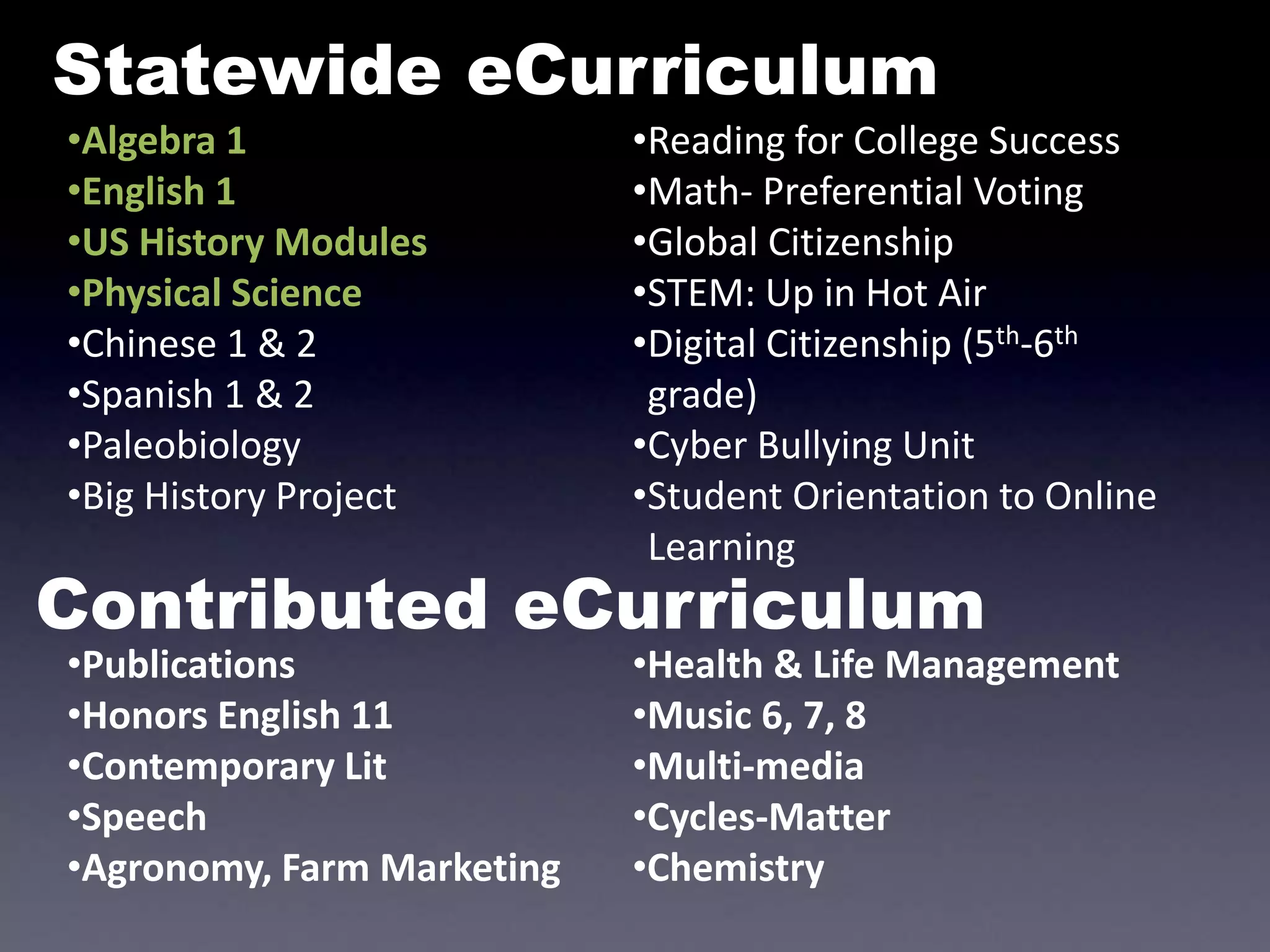 Statewide eCurriculum 
•Algebra 1 
•English 1 
•US History Modules 
•Physical Science 
•Chinese 1 & 2 
•Spanish 1 & 2 
•Paleobiology 
•Big History Project 
•Reading for College Success 
•Math- Preferential Voting 
•Global Citizenship 
•STEM: Up in Hot Air 
•Digital Citizenship (5th-6th 
grade) 
•Cyber Bullying Unit 
•Student Orientation to Online 
Learning 
Contributed eCurriculum 
•Publications 
•Honors English 11 
•Contemporary Lit 
•Speech 
•Agronomy, Farm Marketing 
•Health & Life Management 
•Music 6, 7, 8 
•Multi-media 
•Cycles-Matter 
•Chemistry 
 