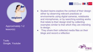 ● Student teams explore the context of their design
either by observing relevant practices or
environments using digital cameras, notebooks
and microphones, or by searching existing works
that relate to their design brief by collecting
examples similar to that which they are intending
to design.
● They share their collected media files on their
blogs and record a reflection
Approximately 1-2
lesson(s)
Tools:
Google, Youtube
 