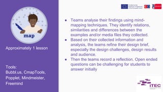 ● Teams analyse their findings using mind-
mapping techniques. They identify relations,
similarities and differences between the
examples and/or media files they collected.
● Based on their collected information and
analysis, the teams refine their design brief,
especially the design challenges, design results
and audience.
● Then the teams record a reflection. Open ended
questions can be challenging for students to
answer initially
Tools:
Bubbl.us, CmapTools,
Popplet, Mindmeister,
Freemind
Approximately 1 lesson
 