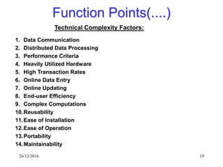 26/12/2016 19
Function Points(....)
1. Data Communication
2. Distributed Data Processing
3. Performance Criteria
4. Heavily Utilized Hardware
5. High Transaction Rates
6. Online Data Entry
7. Online Updating
8. End-user Efficiency
9. Complex Computations
10.Reusability
11.Ease of Installation
12.Ease of Operation
13.Portability
14.Maintainability
Technical Complexity Factors:
 