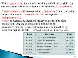 45
With a logical shift, the bits of a word are shifted left or right. On
one end, the bit shifted out is lost. On the other end, a 0 is shifted in.
A right arithmetic shift corresponds to a division by 2, with truncation
for odd numbers. An arithmetic left shift corresponds to a
multiplication by 2
Rotate, or cyclic shift, operations preserve all of the bits being
operated on. One use of a rotate is to bring each bit
successively into the leftmost bit, where it can be identified by
testing the sign of the data
 