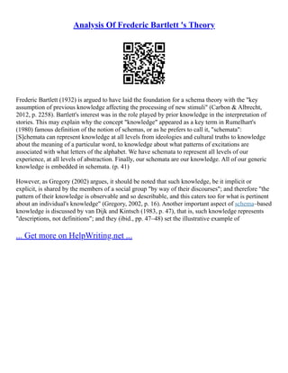 Analysis Of Frederic Bartlett 's Theory
Frederic Bartlett (1932) is argued to have laid the foundation for a schema theory with the "key
assumption of previous knowledge affecting the processing of new stimuli" (Carbon & Albrecht,
2012, p. 2258). Bartlett's interest was in the role played by prior knowledge in the interpretation of
stories. This may explain why the concept "knowledge" appeared as a key term in Rumelhart's
(1980) famous definition of the notion of schemas, or as he prefers to call it, "schemata":
[S]chemata can represent knowledge at all levels from ideologies and cultural truths to knowledge
about the meaning of a particular word, to knowledge about what patterns of excitations are
associated with what letters of the alphabet. We have schemata to represent all levels of our
experience, at all levels of abstraction. Finally, our schemata are our knowledge. All of our generic
knowledge is embedded in schemata. (p. 41)
However, as Gregory (2002) argues, it should be noted that such knowledge, be it implicit or
explicit, is shared by the members of a social group "by way of their discourses"; and therefore "the
pattern of their knowledge is observable and so describable, and this caters too for what is pertinent
about an individual's knowledge" (Gregory, 2002, p. 16). Another important aspect of schema–based
knowledge is discussed by van Dijk and Kintsch (1983, p. 47), that is, such knowledge represents
"descriptions, not definitions"; and they (ibid., pp. 47–48) set the illustrative example of
... Get more on HelpWriting.net ...
 