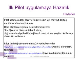 İlk Pilot uygulamaya Hazırlık Ekim-Aralık/2011 iTEC  - Geleceğin Sınıfını Tasarlama Hedefler Pilot aşamasındaki görevlerinizi ve sizin için mevcut destek mekanizmalarını açıklamak  Ders planları gelişimini desteklemek üzere:  bir öğrenme hikayesi tabanlı olma;  öğrenme faaliyetleri ile bağlantılı mevcut teknolojileri kullanma;  TeamUp Kullanma Pilot sınıfı öğretmenlerinin AOA veri tabanından  https://www.id.europeanschoolnet.org/OpenIDServer/home.html   OpenID alarakiTEC forumda  http://itec.eun.org/web/teacher-community/register ?  kayıtlı olduğunuzdan emin olma.  