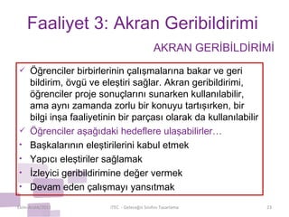 Faaliyet 3: Akran Geribildirimi Öğrenciler birbirlerinin çalışmalarına bakar ve geri bildirim, övgü ve eleştiri sağlar. Akran geribildirimi, öğrenciler proje sonuçlarını sunarken kullanılabilir, ama aynı zamanda zorlu bir konuyu tartışırken, bir bilgi inşa faaliyetinin bir parçası olarak da kullanılabilir Öğrenciler aşağıdaki hedeflere ulaşabilirler… Başkalarının eleştirilerini kabul etmek Yapıcı eleştiriler sağlamak İzleyici geribildirimine değer vermek Devam eden çalışmayı yansıtmak Ekim-Aralık/2011 iTEC  - Geleceğin Sınıfını Tasarlama AKRAN GERİBİLDİRİMİ 