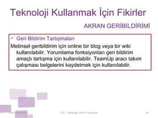 Teknoloji Kullanmak İçin Fikirler Geri Bildirim Tartışmaları Metinsel geribildirim için online bir blog veya bir wiki kullanılabilir. Yorumlama fonksiyonları geri bildirim amaçlı tartışma için kullanılabilir. TeamUp aracı takım çalışması belgelerini kaydetmek için kullanılabilir. Ekim-Aralık/2011 iTEC  - Geleceğin Sınıfını Tasarlama AKRAN GERİBİLDİRİMİ 