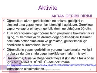 Aktivite Öğrencilere akran geribildirimin ne anlama geldiğini ve eleştirel ama yapıcı yorumlar istendiğini açıklayın. Gerekirse, yapıcı ve yapıcı olmayan geribildirimin ne olduğunu öğretin. Tüm öğrencilerin diğer öğrencilerin projelerine bakmalarını ve ilginç, mükemmel ya da dikkate değer bulmadıkları kısımlar hakkında notlar almalarını ve gerekirse, geliştirilmesi için önerilerde bulunmalarını isteyin. Öğrencilerin yapıcı geribildirim yorumu hazırlamaları ve ilgili gruba ya da tüm sınıfa uygun şekilde sunmalarını isteyin. Hazırlanma, Giriş ve Değerlendirmeye ilişkin daha fazla öneri için (7-3._AKRAN DÖNÜTÜ) adlı dokumana  ttps://skydrive.live.com/?provision=1&wlexpid=4FBB109E42AD44768B760CF7335DD309&wlrefapp=2#cid=8F7488800A59DDB1&id=8F7488800A59DDB1%211191   adresinden ulaşılmaktadır. Ekim-Aralık/2011 iTEC  - Geleceğin Sınıfını Tasarlama AKRAN GERİBİLDİRİMİ 