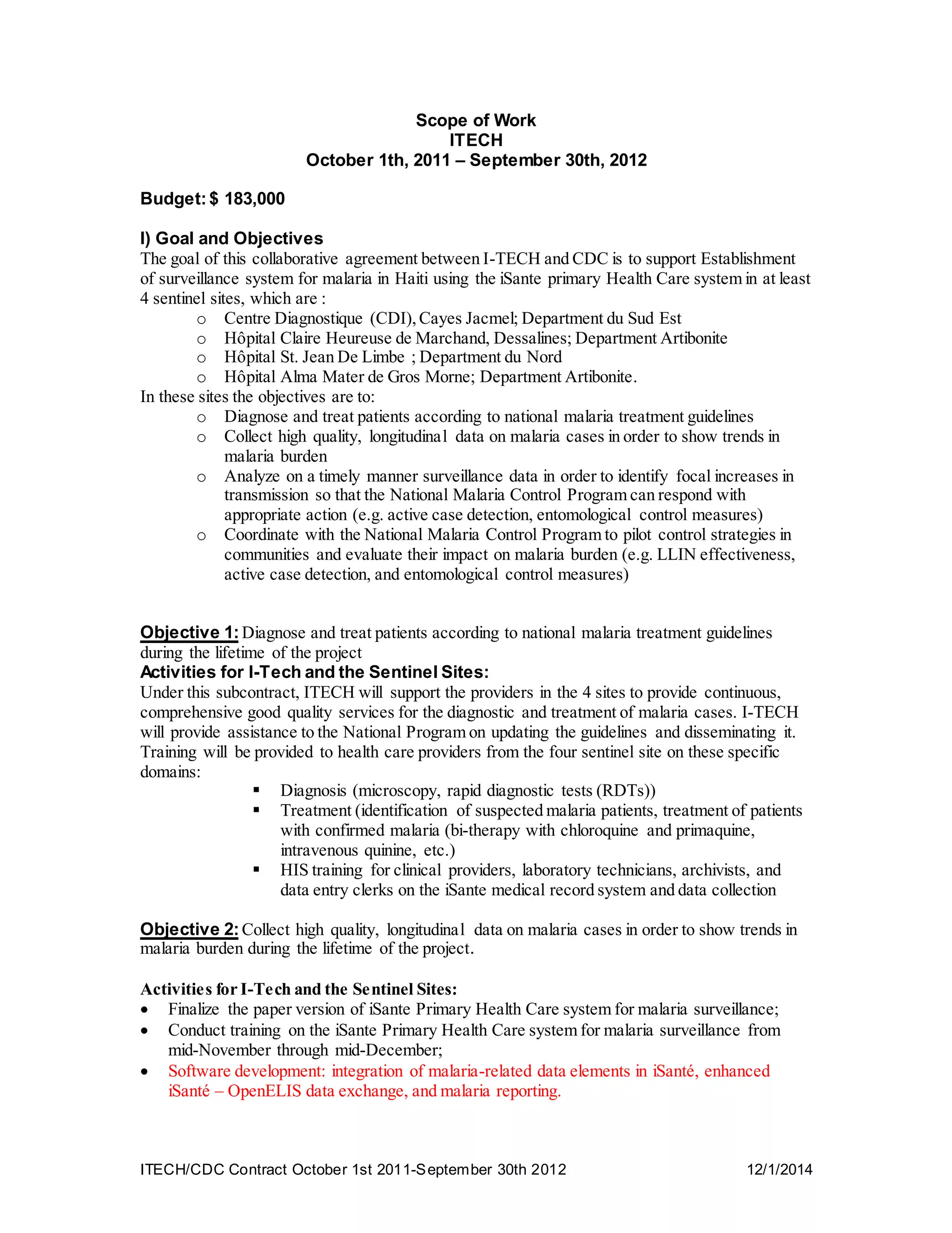 Itech cdc malaria surveillance project sow 10.10.11