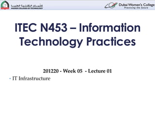 ITEC N453 – Information
   Technology Practices

                201220 - Week 05 - Lecture 01
• IT Infrastructure
 