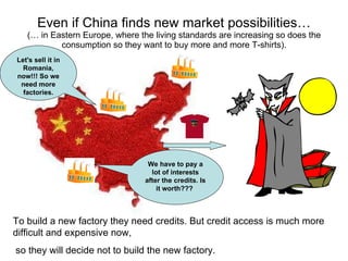 Even if China finds new market possibilities… ( …  in Eastern Europe, where the living standards are increasing so does the consumption so they want to buy more and more T-shirts). Let's sell it in  Romania , now!!! So we need more factories. To build a new factory they need credits.  But credit access is much more  difficult and expensive now, so they will  decide not to build the new factory . We have to pay a lot of interests after the credits. Is it worth???  