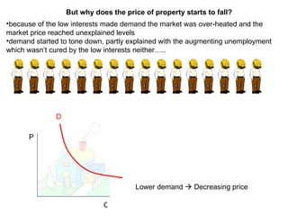 because of the low interests made demand the market was over-heated and the market price reached unexplained levels demand started to tone down, partly explained with the augmenting unemployment which wasn’t cured by the low interests neither…..   D Q P But why does the price of property starts to fall? Lower demand    Decreasing price 