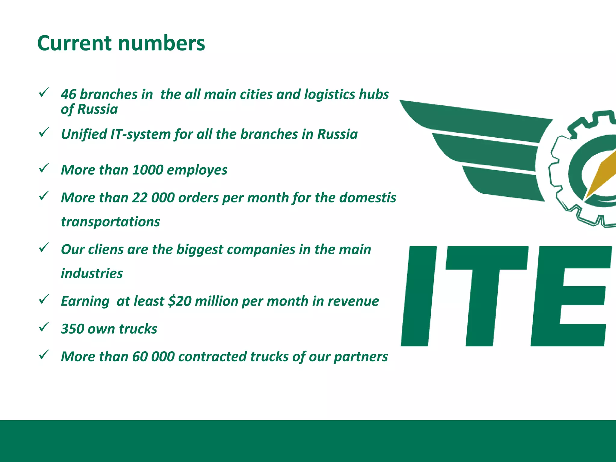 Current numbers

 46 branches in the all main cities and logistics hubs
  of Russia
 Unified IT-system for all the branches in Russia

 More than 1000 employes
 More than 22 000 orders per month for the domestis
   transportations
 Our cliens are the biggest companies in the main
   industries
 Earning at least $20 million per month in revenue
 350 own trucks
 More than 60 000 contracted trucks of our partners
 