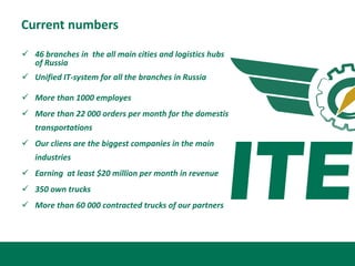 Current numbers

 46 branches in the all main cities and logistics hubs
  of Russia
 Unified IT-system for all the branches in Russia

 More than 1000 employes
 More than 22 000 orders per month for the domestis
   transportations
 Our cliens are the biggest companies in the main
   industries
 Earning at least $20 million per month in revenue
 350 own trucks
 More than 60 000 contracted trucks of our partners
 