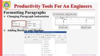 Formatting Paragraphs
Productivity Tools For An Engineers
 Changing Paragraph Indentation
 Adding Borders and Shading
Productivity Tools For An Engineers Mr. N. L. Shelake Department of Information Technology
 