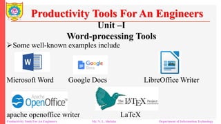 Unit –I
Word-processing Tools
Some well-known examples include
Microsoft Word Google Docs LibreOffice Writer
apache openoffice writer LaTeX
Productivity Tools For An Engineers
Productivity Tools For An Engineers Mr. N. L. Shelake Department of Information Technology
 