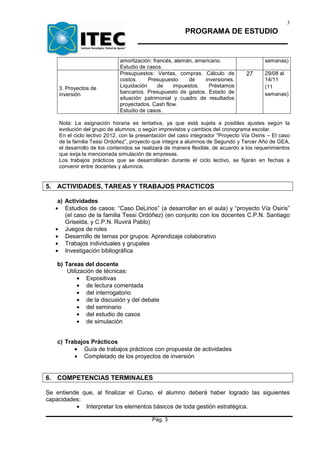 3
                                                        PROGRAMA DE ESTUDIO


                             amortización: francés, alemán, americano.                   semanas)
                             Estudio de casos.
                             Presupuestos: Ventas, compras. Cálculo de           27      29/08 al
                             costos.     Presupuesto     de    inversiones.              14/11
    3. Proyectos de          Liquidación     de    impuestos.    Préstamos               (11
    inversión                bancarios. Presupuesto de gastos. Estado de                 semanas)
                             situación patrimonial y cuadro de resultados
                             proyectados. Cash flow.
                             Estudio de casos.

    Nota: La asignación horaria es tentativa, ya que está sujeta a posibles ajustes según la
    evolución del grupo de alumnos, o según imprevistos y cambios del cronograma escolar.
    En el ciclo lectivo 2012, con la presentación del caso integrador “Proyecto Vía Osiris – El caso
    de la familia Tessi Ordoñez”, proyecto que integra a alumnos de Segundo y Tercer Año de GEA,
    el desarrollo de los contenidos se realizará de manera flexible, de acuerdo a los requerimientos
    que exija la mencionada simulación de empresas.
    Los trabajos prácticos que se desarrollarán durante el ciclo lectivo, se fijarán en fechas a
    convenir entre docentes y alumnos.


5. ACTIVIDADES, TAREAS Y TRABAJOS PRACTICOS

    a) Actividades
   • Estudios de casos: “Caso DeLirios” (a desarrollar en el aula) y “proyecto Vía Osiris”
       (el caso de la familia Tessi Ordóñez) (en conjunto con los docentes C.P.N. Santiago
       Griselda, y C.P.N. Ruvirá Pablo)
   • Juegos de roles
   • Desarrollo de temas por grupos: Aprendizaje colaborativo
   • Trabajos individuales y grupales
   • Investigación bibliográfica

    b) Tareas del docente
        Utilización de técnicas:
             • Expositivas
             • de lectura comentada
             • del interrogatorio
             • de la discusión y del debate
             • del seminario
             • del estudio de casos
             • de simulación


    c) Trabajos Prácticos
          • Guía de trabajos prácticos con propuesta de actividades
          • Completado de los proyectos de inversión


6. COMPETENCIAS TERMINALES

Se entiende que, al finalizar el Curso, el alumno deberá haber logrado las siguientes
capacidades:
          • Interpretar los elementos básicos de toda gestión estratégica.

                                          Pág. 3
 