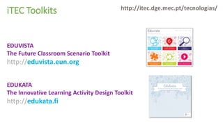 iTEC Toolkits
EDUVISTA
The Future Classroom Scenario Toolkit
http://eduvista.eun.org
EDUKATA
The Innovative Learning Activity Design Toolkit
http://edukata.fi
http://itec.dge.mec.pt/tecnologias/
 