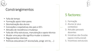 Constrangimentos
• Falta de tempo
• Formação apoio inter-pares
• Desmotivação dos alunos
• Conceções e expetativas dos pais e EE’s
• Atitudes de resistência à mudança
• Falta de infra-estruturas, manutenção e apoio técnico
• Mudar uma peça não significa mudar o sistema
• Regulamentos internos
• Politicas educativas (nº alunos/sala, progr. em tic, …)
5 factores:
1. Formação
2. Alunos (e seus
contextos)
3. Atitudes pessoais
docentes
4. Iniciativas das Escolas
(apoio institucional)
5. Incentivos estruturais
 