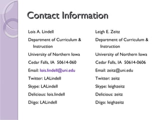 Contact Information Lois A. Lindell Department of Curriculum & Instruction University of Northern Iowa  Cedar Falls, IA  50614-060 Email:  [email_address] Twitter: LALindell Skype: LALindell Delicious: lois.lindell Diigo: LALindell Leigh E. Zeitz Department of Curriculum & Instruction University of Northern Iowa  Cedar Falls, IA  50614-0606 Email: zeitz@uni.edu Twitter: zeitz Skype: leighzeitz Delicious: zeitz Diigo: leighzeitz 