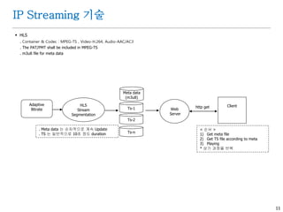 11
IP Streaming 기술
 일반
. 서버 와 Client 간 교신 (Protocol) 및 Content 를 전송 (송수신) 하는 방법
. Content 의 포장은 Container 라 하고, 내용물은 Codec 으로 지칭 한다 (MPEG-2, MPEG-4,VC1,,)
. ABS (Adaptive Bitrate Streaming) 를 통한 QOS 보장
. 주요 IP Streaming 기술
1) RTP / RTSP : IETF Standard (RFC 2326) , IPTV 에서 대부분 사용 중
2) Smooth Streaming : Micro Soft
3) HLS (Http Live Streaming ) : Apple
4) MPEG4-DASH : MPEG4 Standard
Internet
Streaming
Server
Client
Client
Contents
< Provider >
. ISP
. YouTube, Apple
. Netflix, Amazon, BUDU, HULU
 